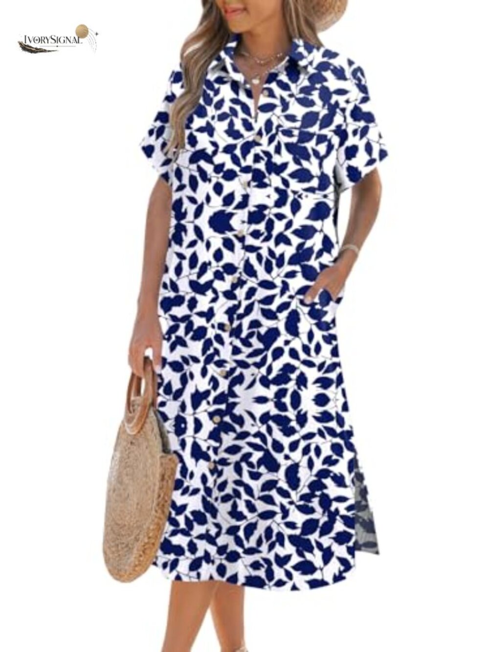 Floral V-Neck Short Sleeve Button Down Midi Dress with Pockets